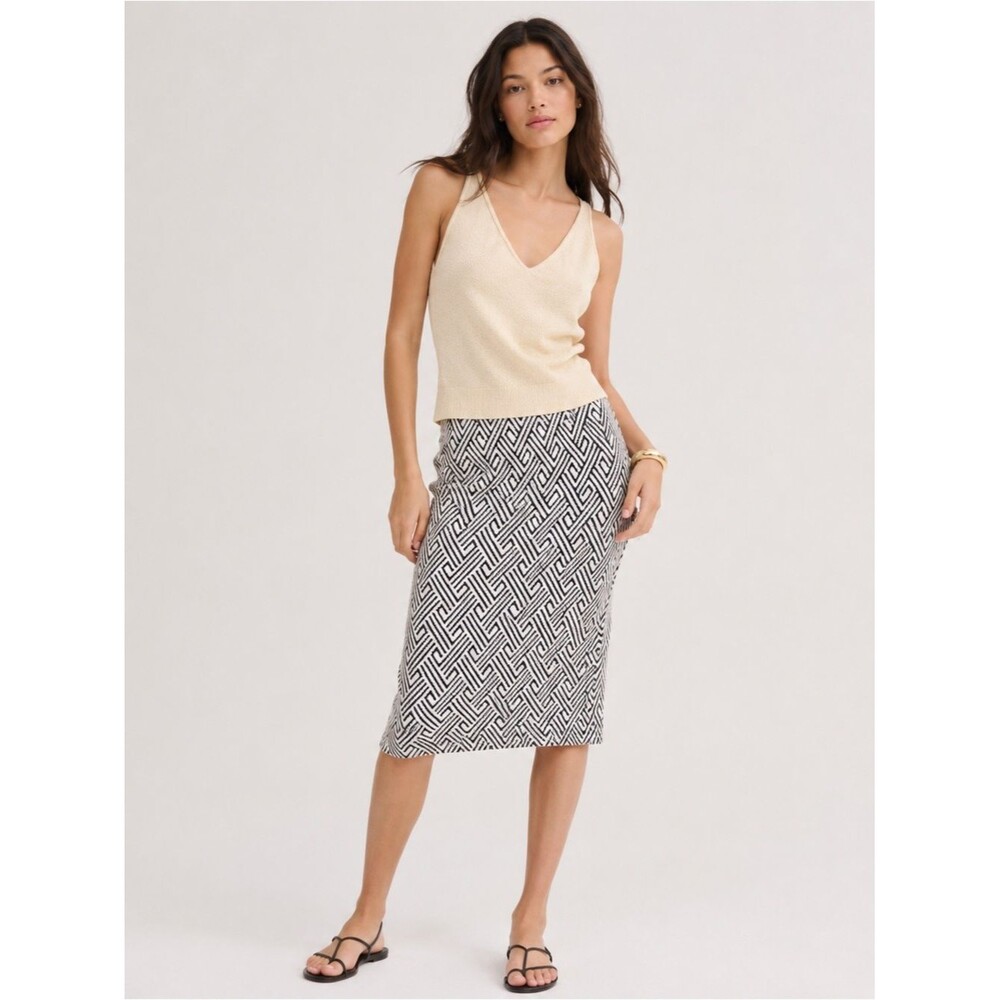 Zara Trafaluc Black White Geometric Knit Pencil Midi Skirt Size S Back Slit